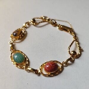 Vintage Scarab Link Bracelet Women 14K Gold Filled Multi Stone